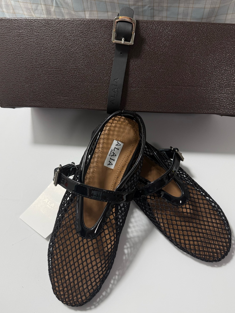 Alaia Black Patent Mesh Mary Jane Flats